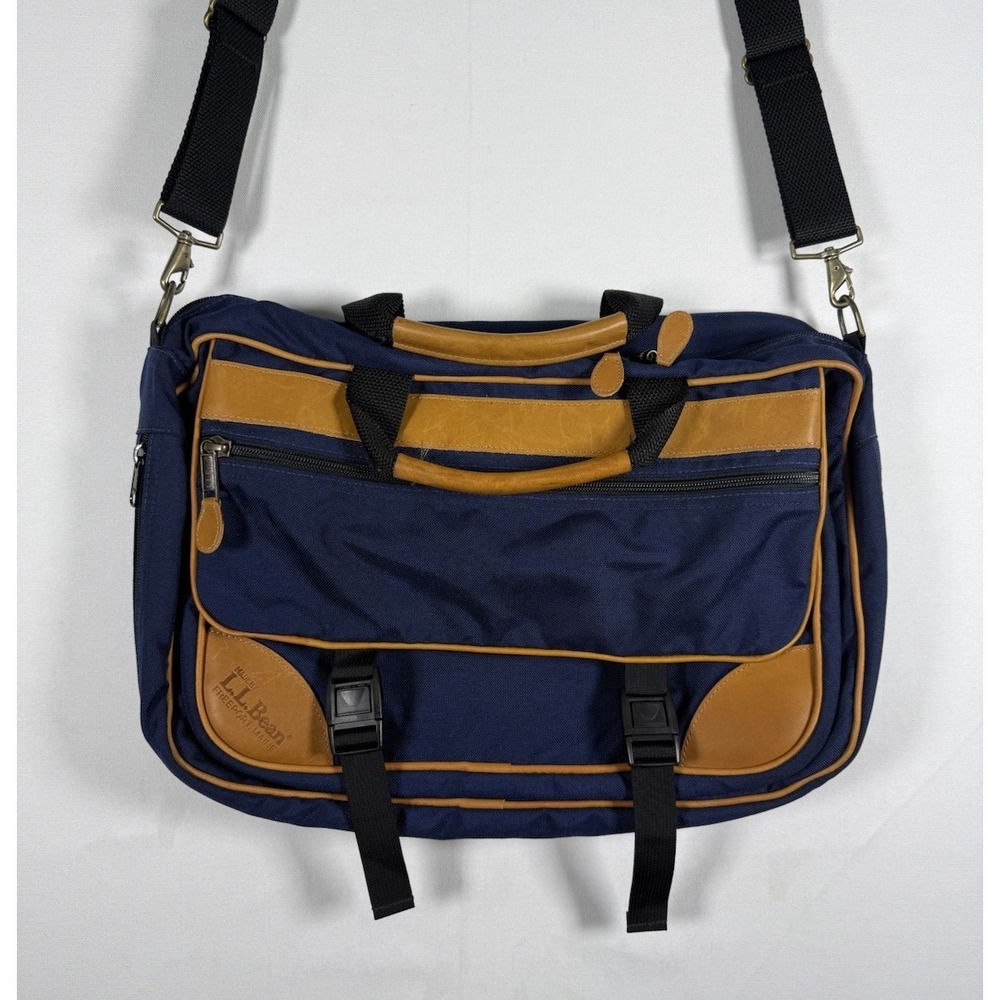 VTG LL Bean Leather Blue Canvas Laptop Messenger Bag Leather Luggage Tag Accents
